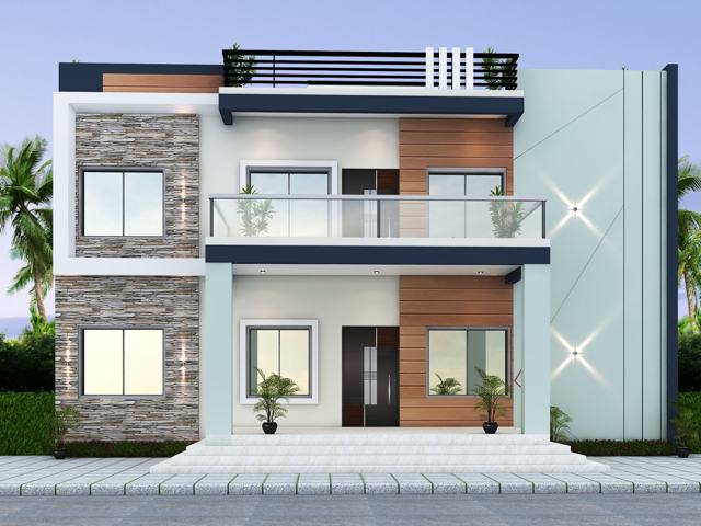 3D elevation design of a residential building by Sthapatya Designs